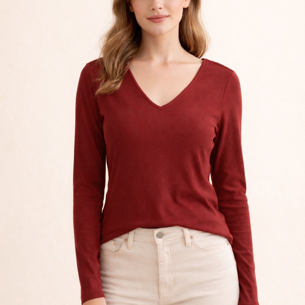 Kismet Dark Red Long Sleeve knit Top - Currant Color Lacey Long Sleeves Shirt